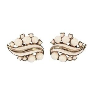 Vintage Trifari Earrings‎ White Enamel Bead Clusters with Gold Tone Clip On